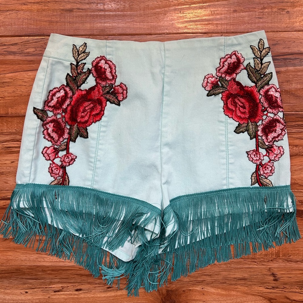 WESTERN Fringe high rise shorts roses custom cowgirl cowboy L